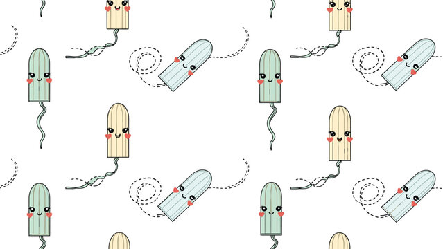 Adorable seamless pattern of cute tampon characters with smiling faces and hearts floating across a clean white background in a fun style.