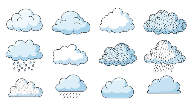Comprehensive collection of various cloud shapes including fluffy white clouds and blue rainy clouds with different precipitation patterns.