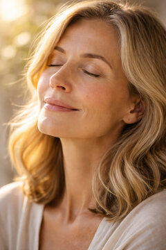 Serene woman enjoying peaceful moment outdoors with eyes closed