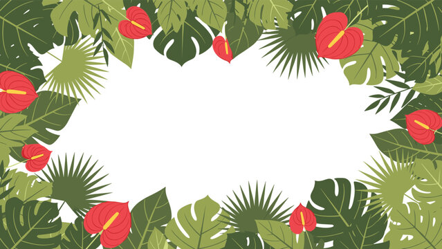 Tropical floral border made of lush green leaves and vibrant red anthurium flowers framing a large white space for custom text and messages.