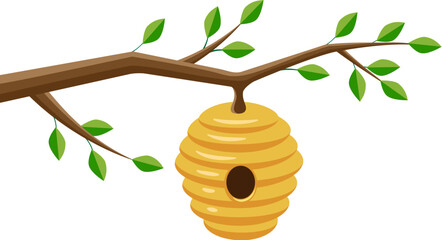 Naklejka premium Cartoon beehive hanging on branch