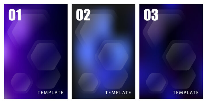 Set of three abstract blurred backgrounds with hexagon shapes and numbers