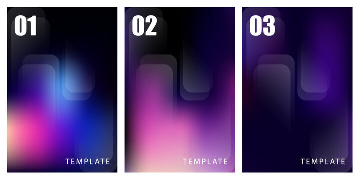 Set of deep dark abstract blurred gradient background templates with geometric shapes