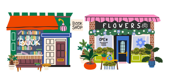 Vector illustration of small business storefronts in cartoon flat style. Cozy bookstore and a vibrant flower shop with outdoor plants and decorative elements