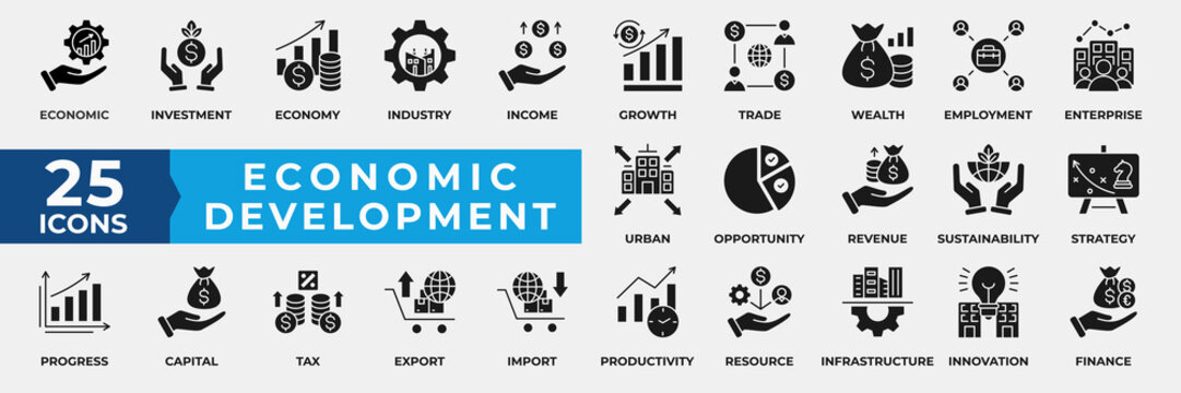Economic Development Icon Set Collection. Containing Investment, Economy, Industry, Income, Growth, Opportunity, Revenue, Sustainability, and Strategy. Simple Solid Icon Vector Illustration.
