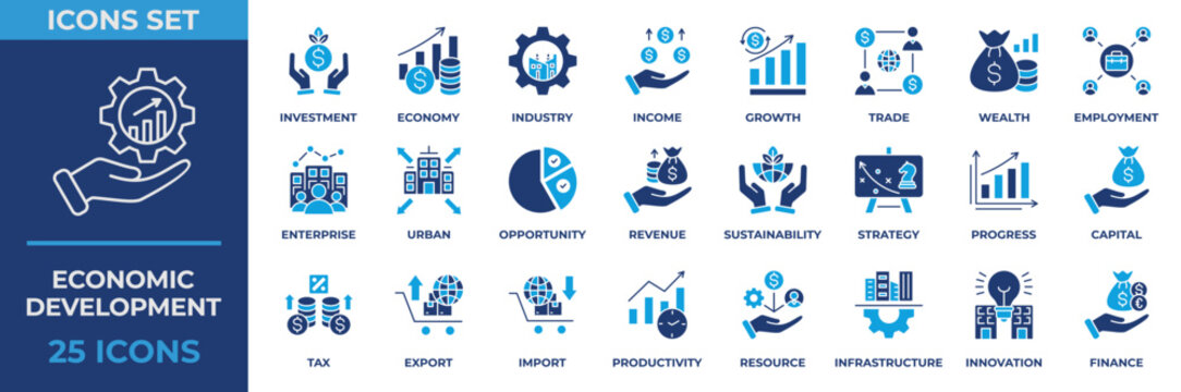Economic Development Icon Set. Containing Investment, Economy, Industry, Income, Growth, Opportunity, Revenue, Sustainability, and Strategy. Flat Blue Style Icon Vector Illustration.