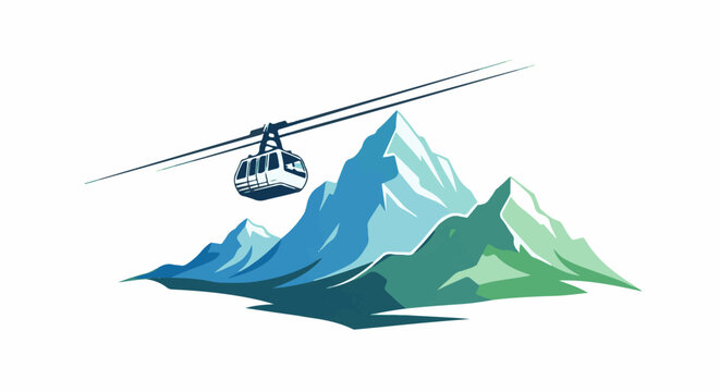 Cable car gliding above majestic, snow-capped mountains in vibrant blues