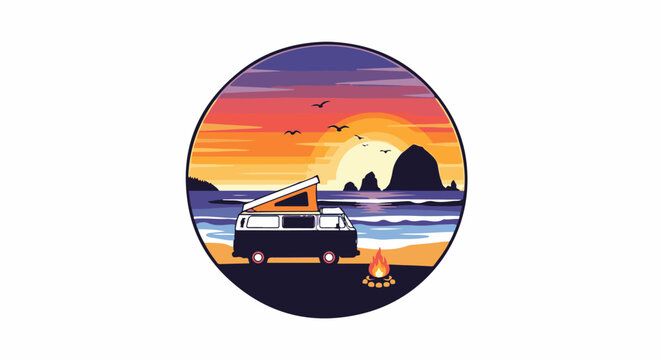 Camper van on beach at sunset with campfire and ocean view