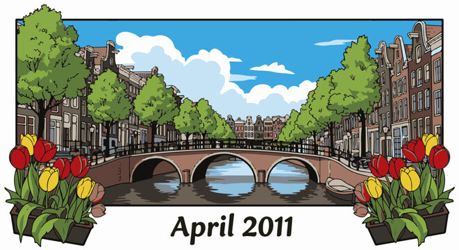 Canal scene with tulips and bridge, featuring historic buildings under blue sky