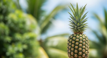 Fototapeta premium Close up of ripe pineapple fruit crown against blurred green palm tree leaves.
