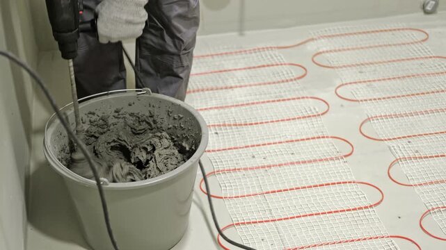 Construction worker preparing tile surface, mixing mortar substrate for flooring, underfloor heating mat. Workman combines adhesive in renovation setting. Operating power tool during bathroom upgrade