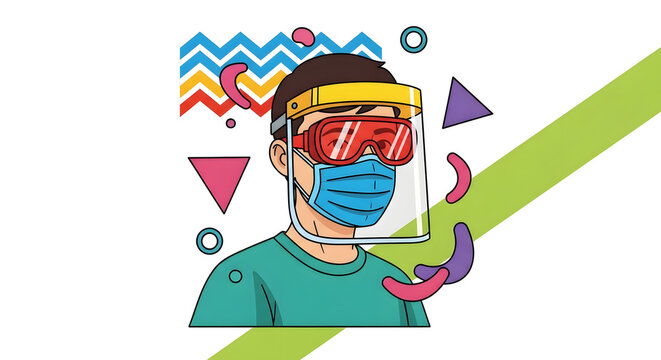 Person wearing full protective equipment including face shield, medical mask, and safety goggles with geometric shapes