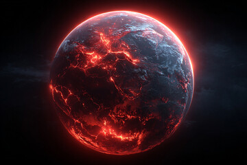 Fototapeta premium glowing alien planet with fiery surface and magma fissures in deep space