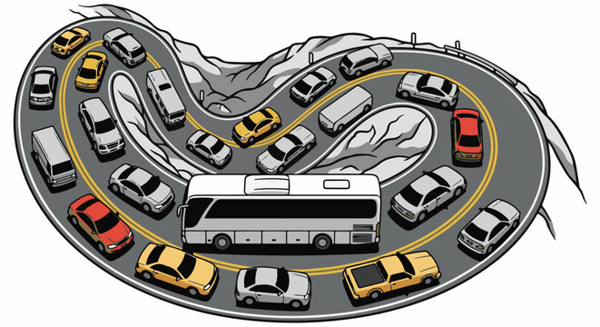 Cars and bus navigating winding mountain road with sharp turns