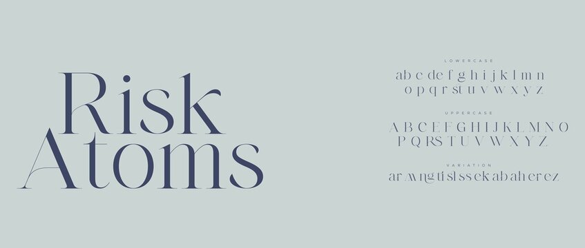 A modern graphic design featuring the words Risk Atoms in large font on a light gray background