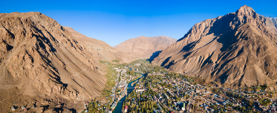 Khorog city aerial panoramic view in Tajikistan