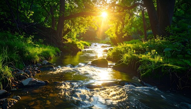 A serene forest stream at sunrise with lush greenery