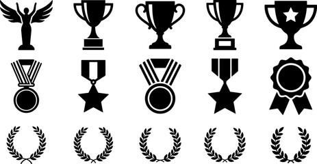 Naklejka premium Collection of award icons: trophies, medals, and laurel wreaths on white background