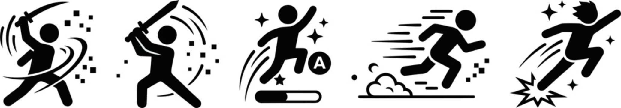 Game Motion Stickman Icon Set Featuring Action Poses like Sword Fighting, Running, and Jumping Vector Illustration 