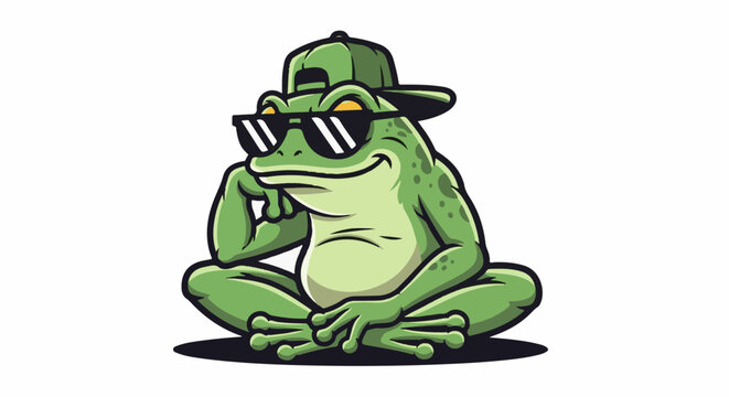 Cartoon frog wearing sunglasses and a baseball cap, sitting cross-legged