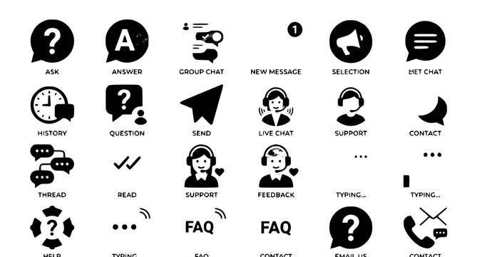 Black and white customer service and support icon set for digital communication