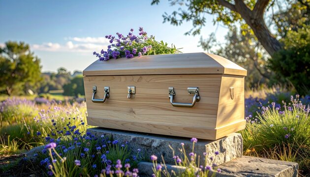 "Light wooden coffin with hexagonal shape and metal handles, symbolizing funerary tradition, memorial practices, and mortality."