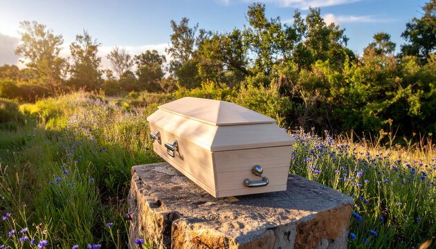 "Light wooden coffin with hexagonal shape and metal handles, symbolizing funerary tradition, memorial practices, and mortality."