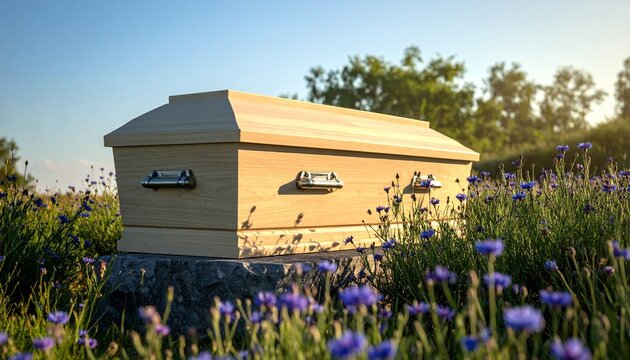 "Light wooden coffin with hexagonal shape and metal handles, symbolizing funerary tradition, memorial practices, and mortality."