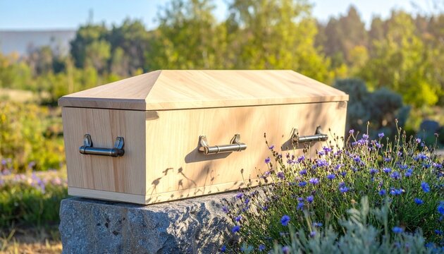 "Light wooden coffin with hexagonal shape and metal handles, symbolizing funerary tradition, memorial practices, and mortality."