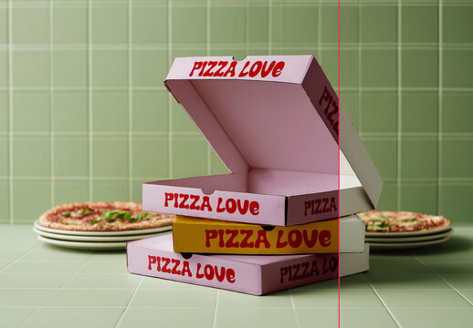 Pizza Box Stack Mockup in Tiled Kitchen Setting