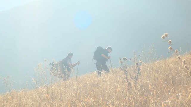 Camera tracks from side two tourists hiking in nature climbing uphill with backpacks and using trekking poles. Hiking of father and son. Adult man and teenage boy hiking.