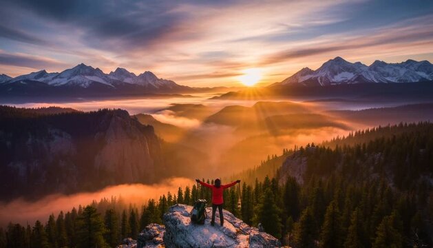 Joyful sunrise over a national park with a traveler on the mountaintop
