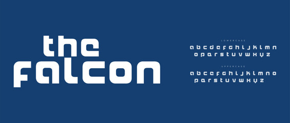 Obraz premium A modern font design with the words 'the falcon' and alphabet letters on a blue background