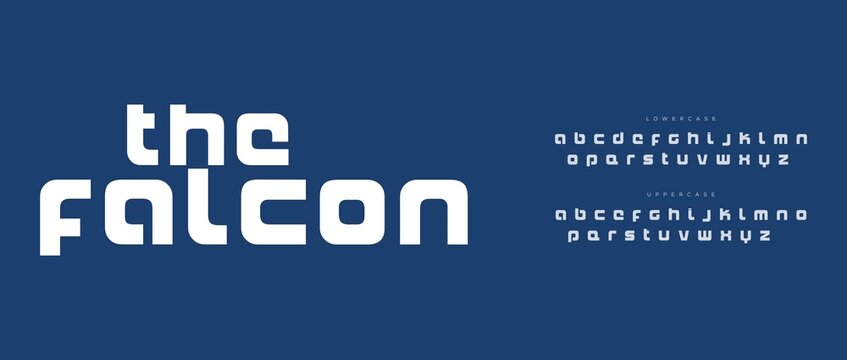 A modern font design with the words 'the falcon' and alphabet letters on a blue background