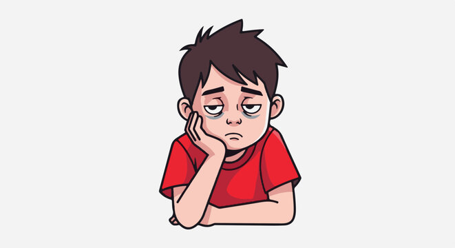 Cartoon of a bored, sleepy boy with dark circles under his eyes