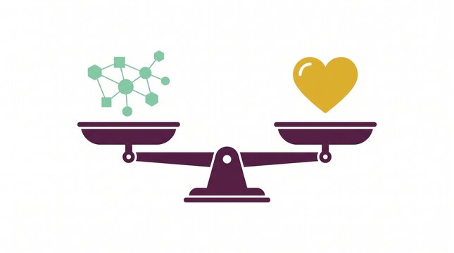 Abstract balance scale weighing neural network nodes and heart representing logic versus emotion and AI ethics concept vector illustration