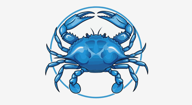 Bright blue crab with claws raised inside a circular outline