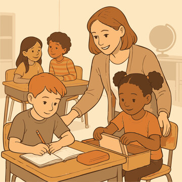 ibu guru mengajar anak di sekolah
