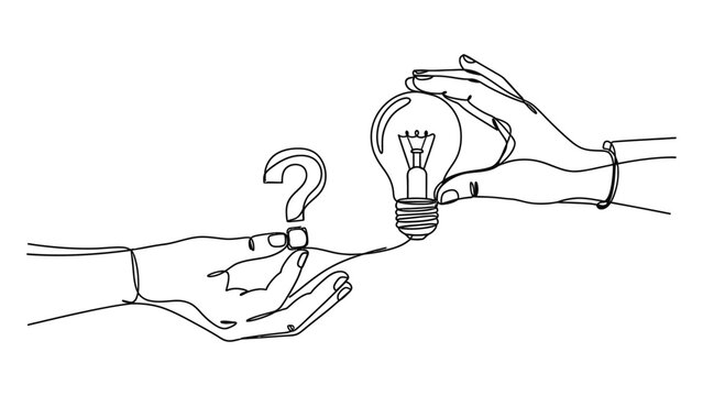Continuous line drawing of hands holding a question mark and a lightbulb.