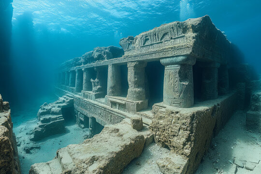 Ancient underwater ruins of a lost city with stone columns and carvings. Deep sea archaeological site inspired by Atlantis or Yonaguni. Cinematic 3D render of mysterious sunken temple.