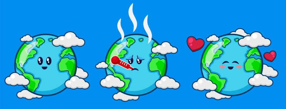 Cute Cartoon Earth Characters Illustrating Global Warming and Environment