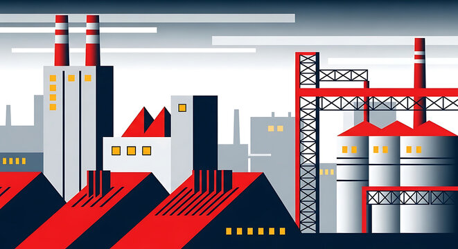 Stylized industrial cityscape with factories, smokestacks, and silos under a muted sky, architectural illustration, urban industrial background