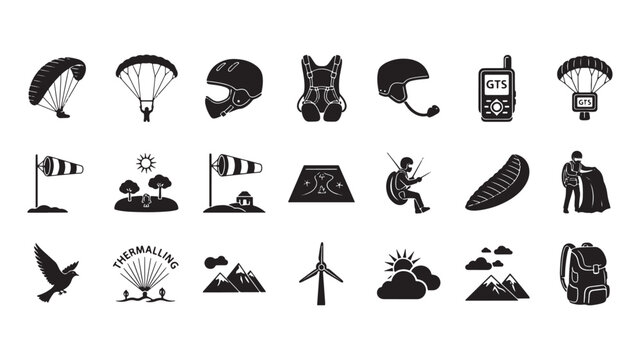 Paragliding and extreme sports icons set, 21 black vector silhouettes of paraglider equipment and mountain flying gear, outdoor adventure symbols