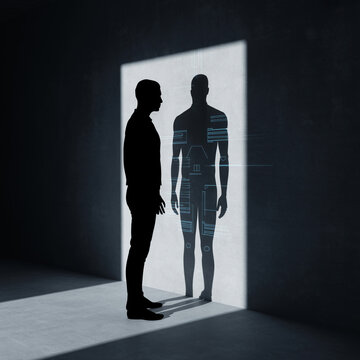 Human shadow turning into robot shadow, concept of AI replacing jobs, dark background