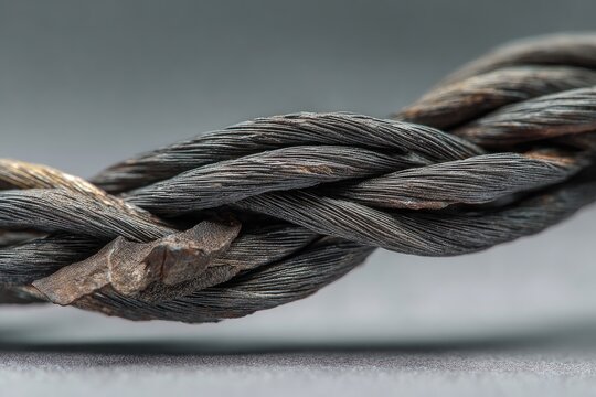 Close-up view of a thick, twisted metal cable with signs of wear and rust