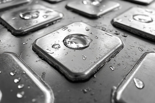 Macro of water drops on metallic keyboard or industrial buttons. Concept of waterproof technology, moisture resistance and durability. Black and white cinematic 3D render for tech background.