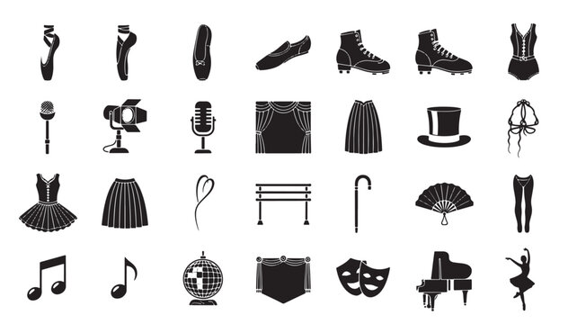Performing arts and ballet icons set, theater and dance stage equipment silhouettes, 28 vector elements for musical and drama production