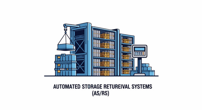 Automated storage and retrieval system with a crane, shelves, and scale