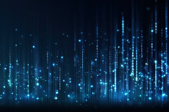 Digital light streams with glowing particles against a dark background