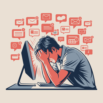 gamabr ilustrasi vector pekerja kantor freelancer pusing banyak pesan  masuk